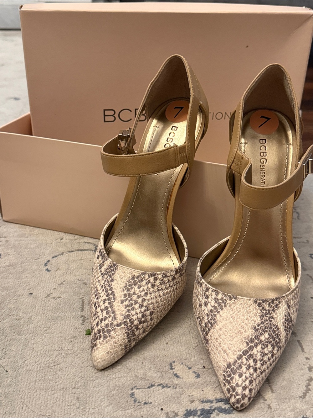 BCBGeneration Snake-Print Pointed D'Orsay Heels with Tan Ankle Straps